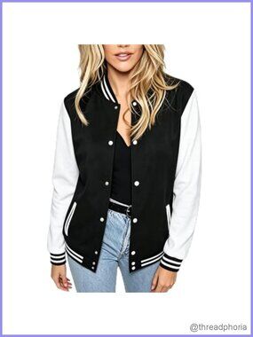 Women's Baseball Varsity Letterman Bomber Jacket Button Down Lightweight